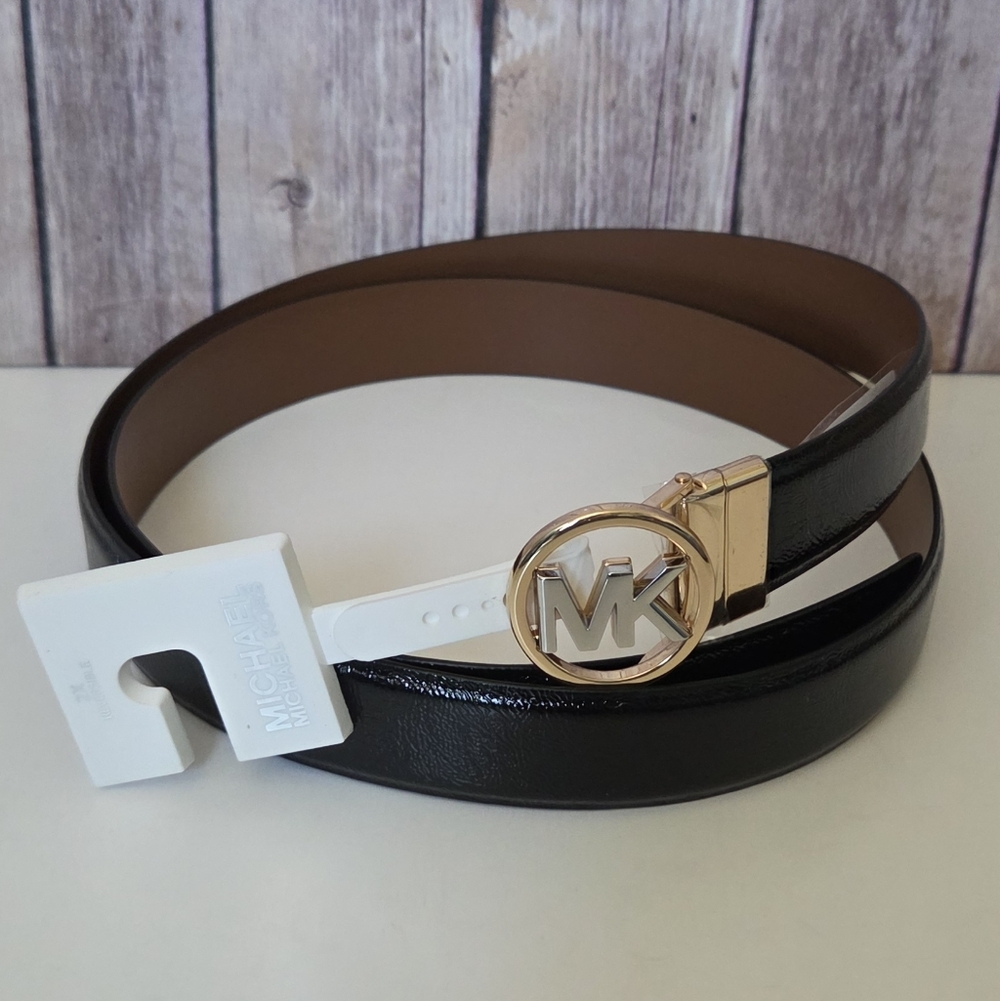 MICHAEL Michael Kors Twist Reversible Leather Belt with Gold MK Buckle NWT